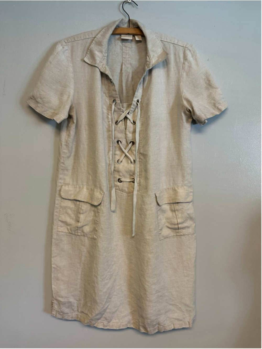 Chico's 100% Linen Midi Dress Size 1.5 Beige Lace Up Patch Pockets Fall Neutral